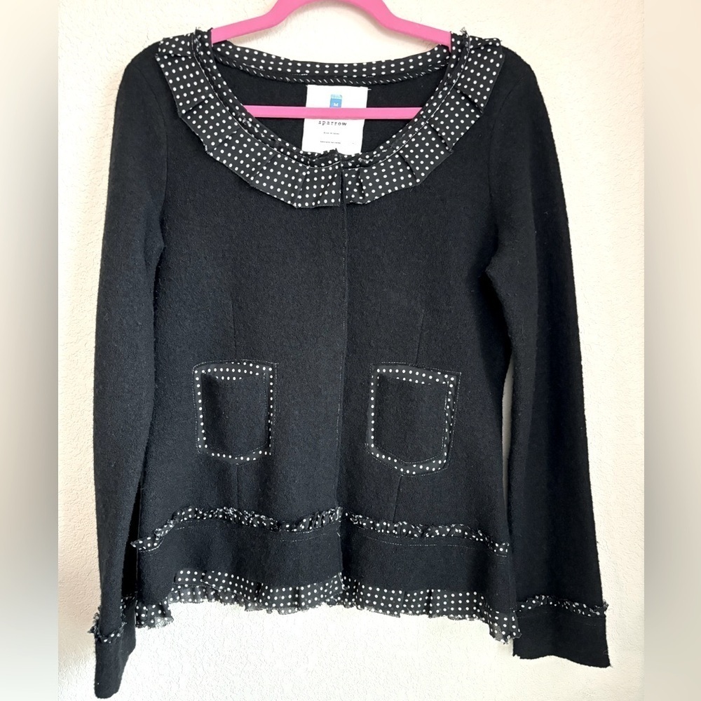 Sparrow Anthropologie Au Fait 100% Merino Wool Raw Hem Ribbon Trim Cardi…